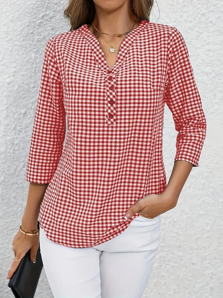 Grande taille printemps automne femmes Fine Plaid mode à manches longues col en v Blouse coupe ajustée tempérament haut ventre couvrant petites chemises