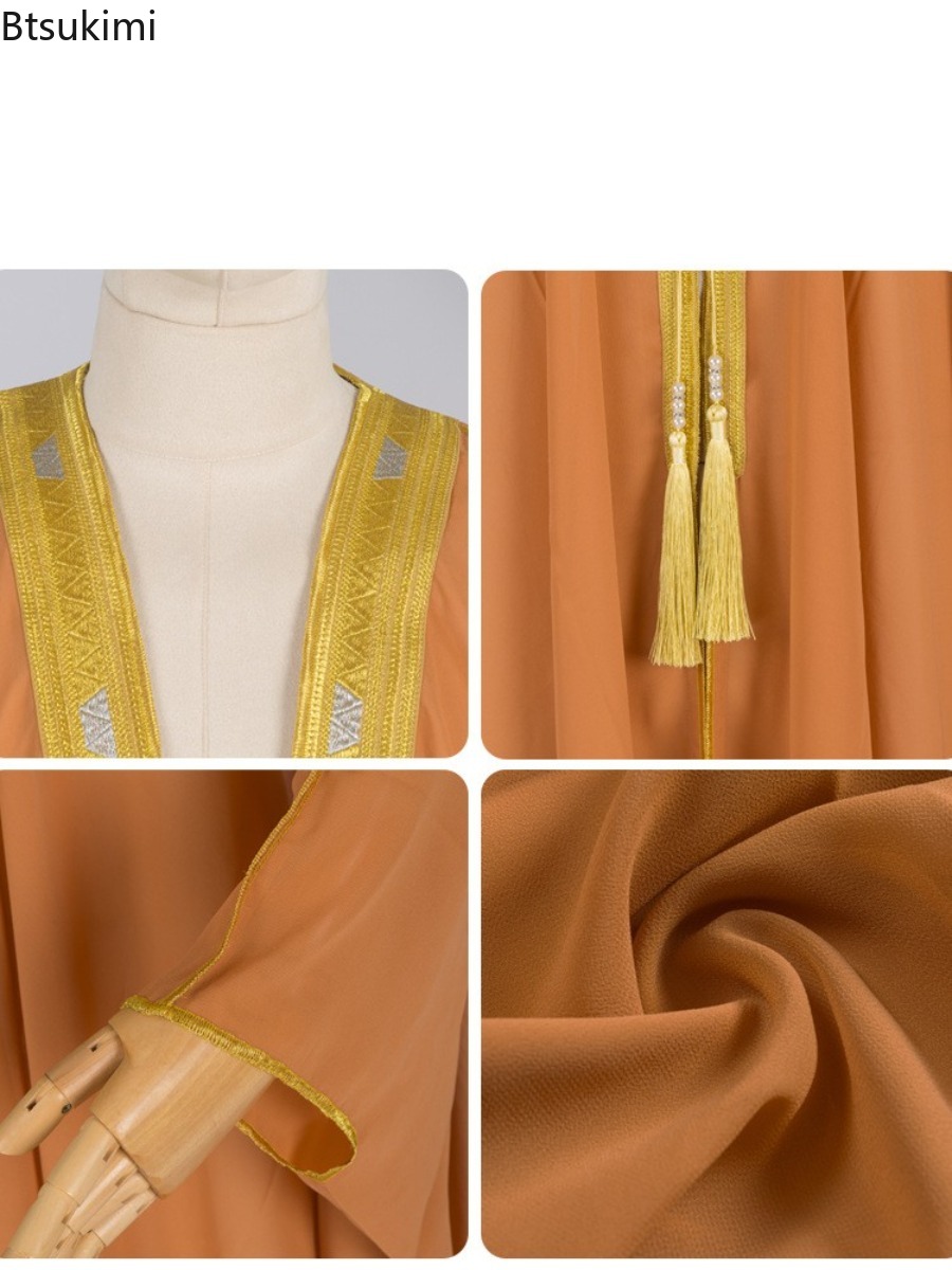 Jubba Thobe pour hommes musulmans, cardigan en mousseline de soie, abaya, kimono islamique, robe longue, kaftan saoudien, caftan musulman, robe pour hommes
