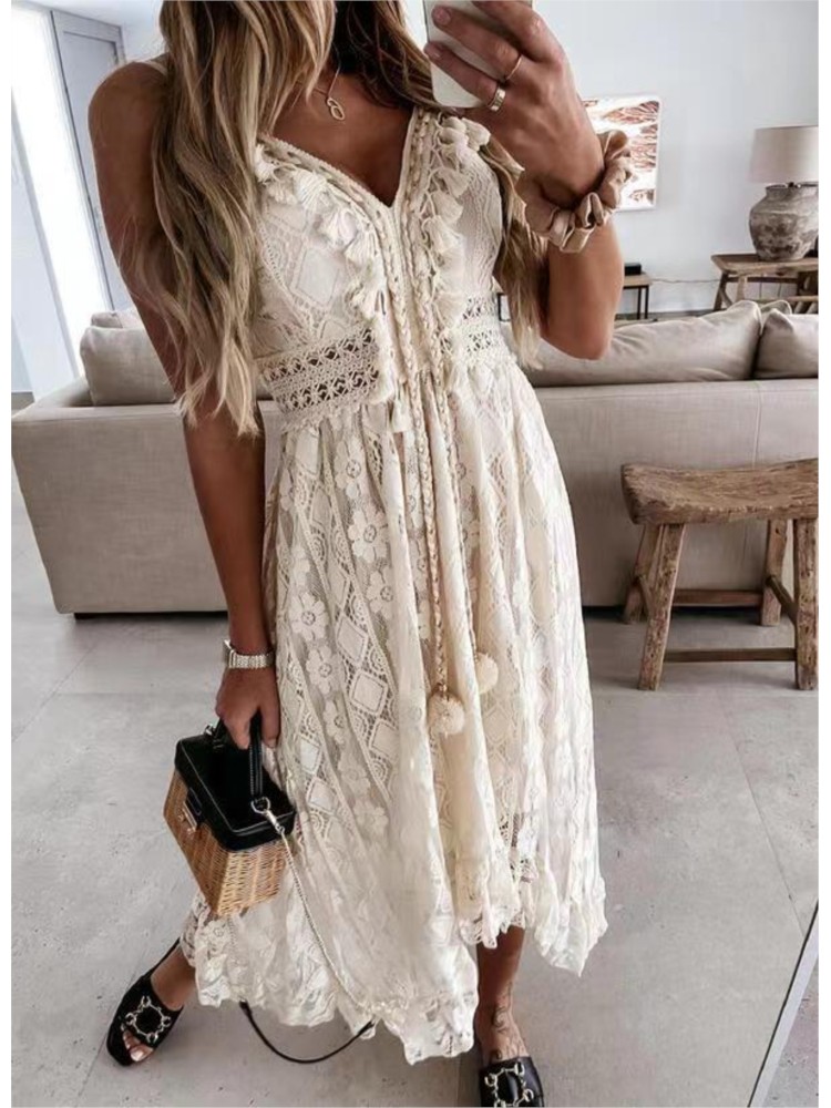 Robe longue unie à bretelles en dentelle, col en V, taille élégante, nouvelle collection été 2026, pour femme