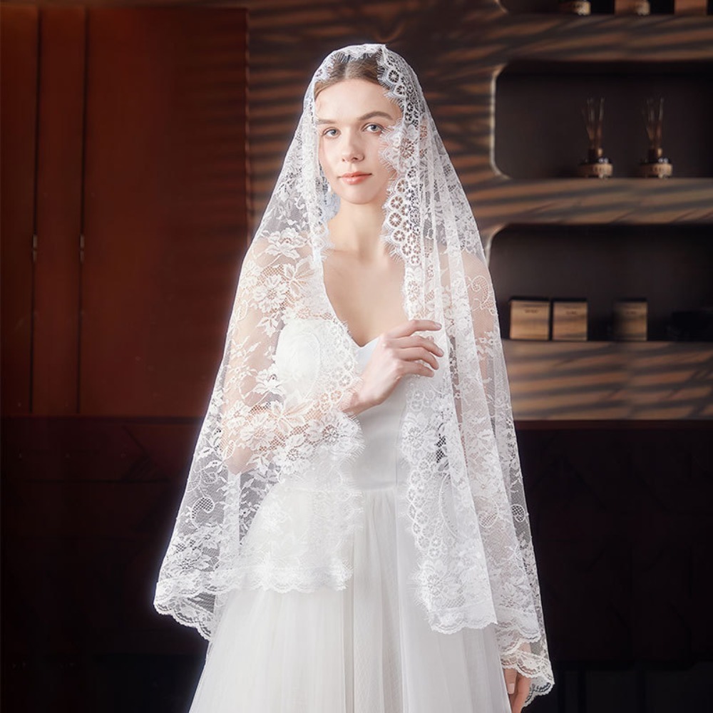Châle en dentelle élégant pour femmes, longs voiles de mariage noirs, fleur, couvre-tête de mariée, mantille