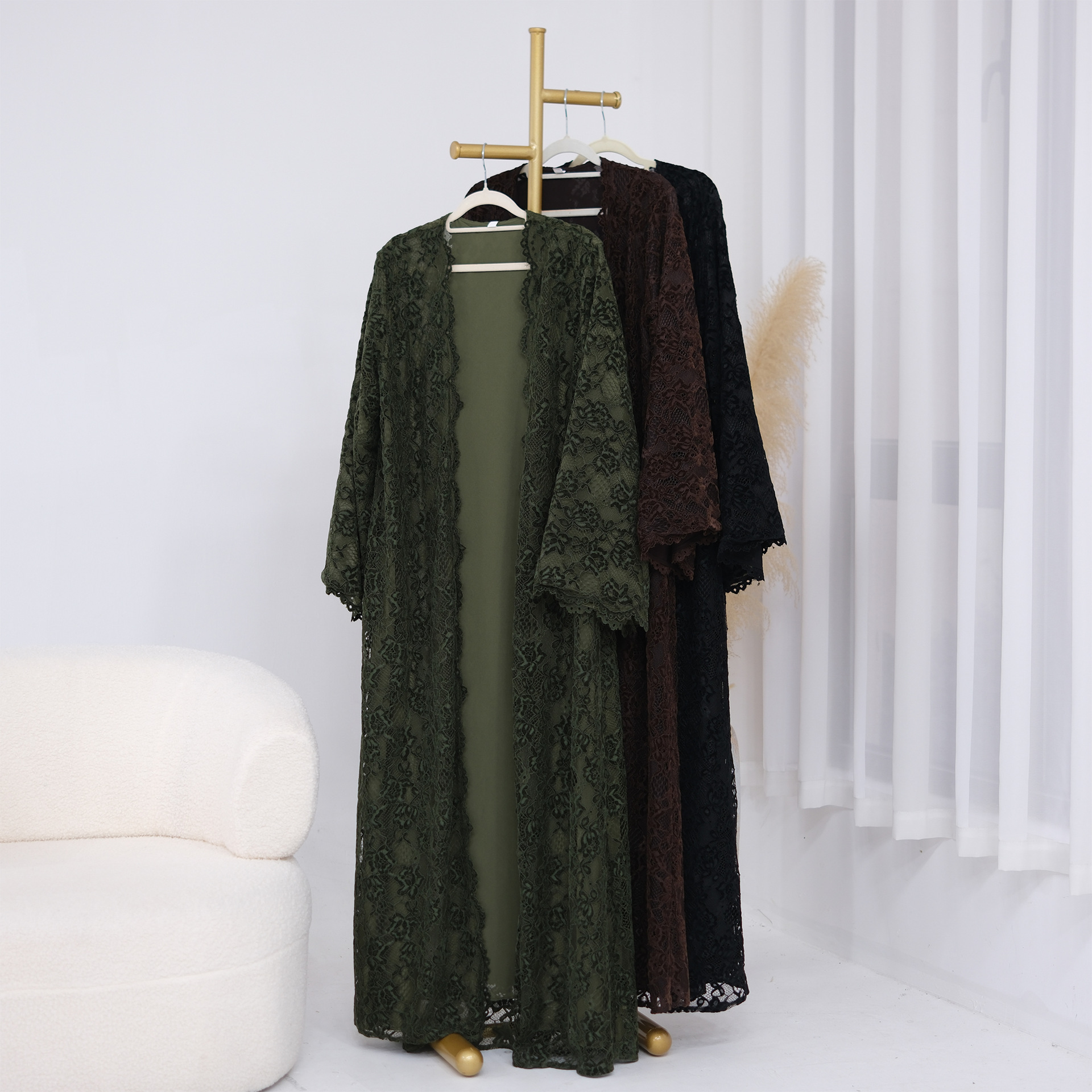 Abaya Cardigan Dubaï à Double Couche en Dentelle pour Femme – Robe Ample et Respirante, Kaftan Décontracté, Vêtement Islamique