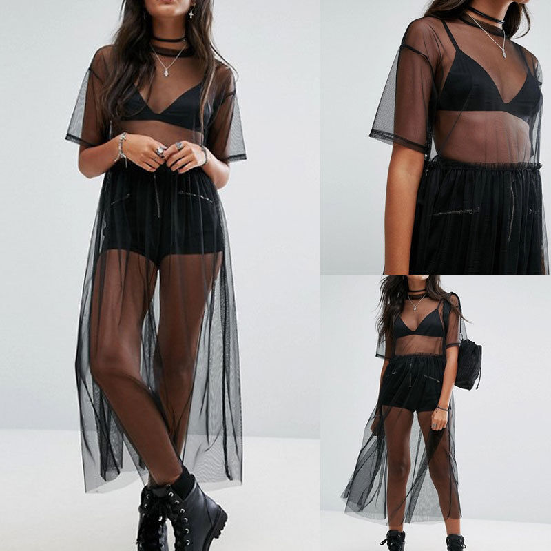 Robe d'été en maille Volie pour femmes, robe d'été en gaze noire transparente, demi-manches, dentelle, vêtements d'extérieur sexy, 1 pièce, été, 2022