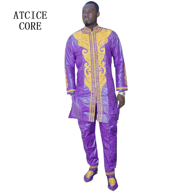 Vêtements africains pour hommes, ensemble traditionnel Bazin Riche brodé, haut à manches longues, 3 pièces