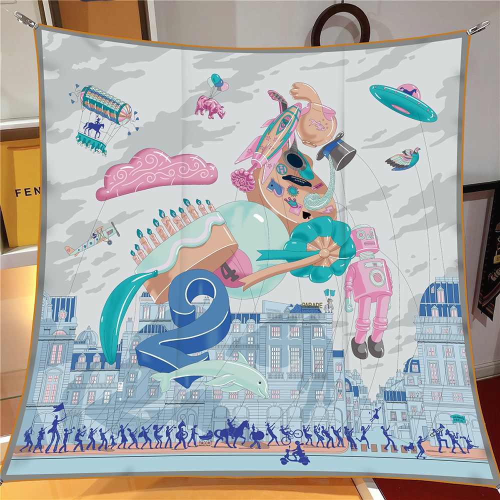 Foulard en soie sergé châle marque de luxe Fubao City Architecture Foulard carré femmes Hijabs Bandana Foulard foulard foulards