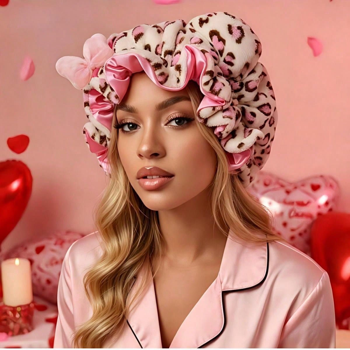 Bonnet de nuit en peluche imprimé léopard avec grand nœud, doublure en satin, doux et moelleux, ajustable avec oreilles d'ours, pour femme