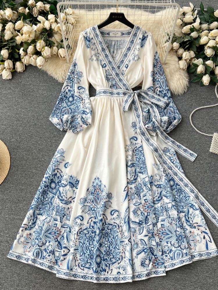 Robe Longue Bleue Élégante pour Femme, Style Court, Imprimé, Sexy, Col en V, Lanterne, Manches sulf, Français, Taille Haute, Bandage