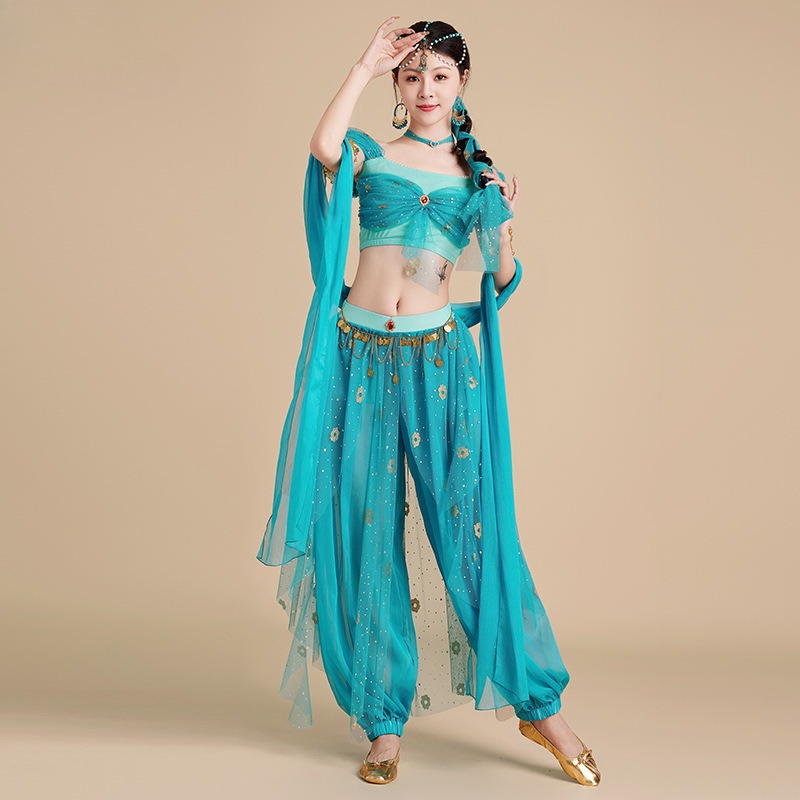 Costume de princesse arabe Jasmines, Cosplay, lampe d'aladdin, robe de danse indienne, ensemble vert pour femmes, tenue de jeu de rôle pour fête d'halloween