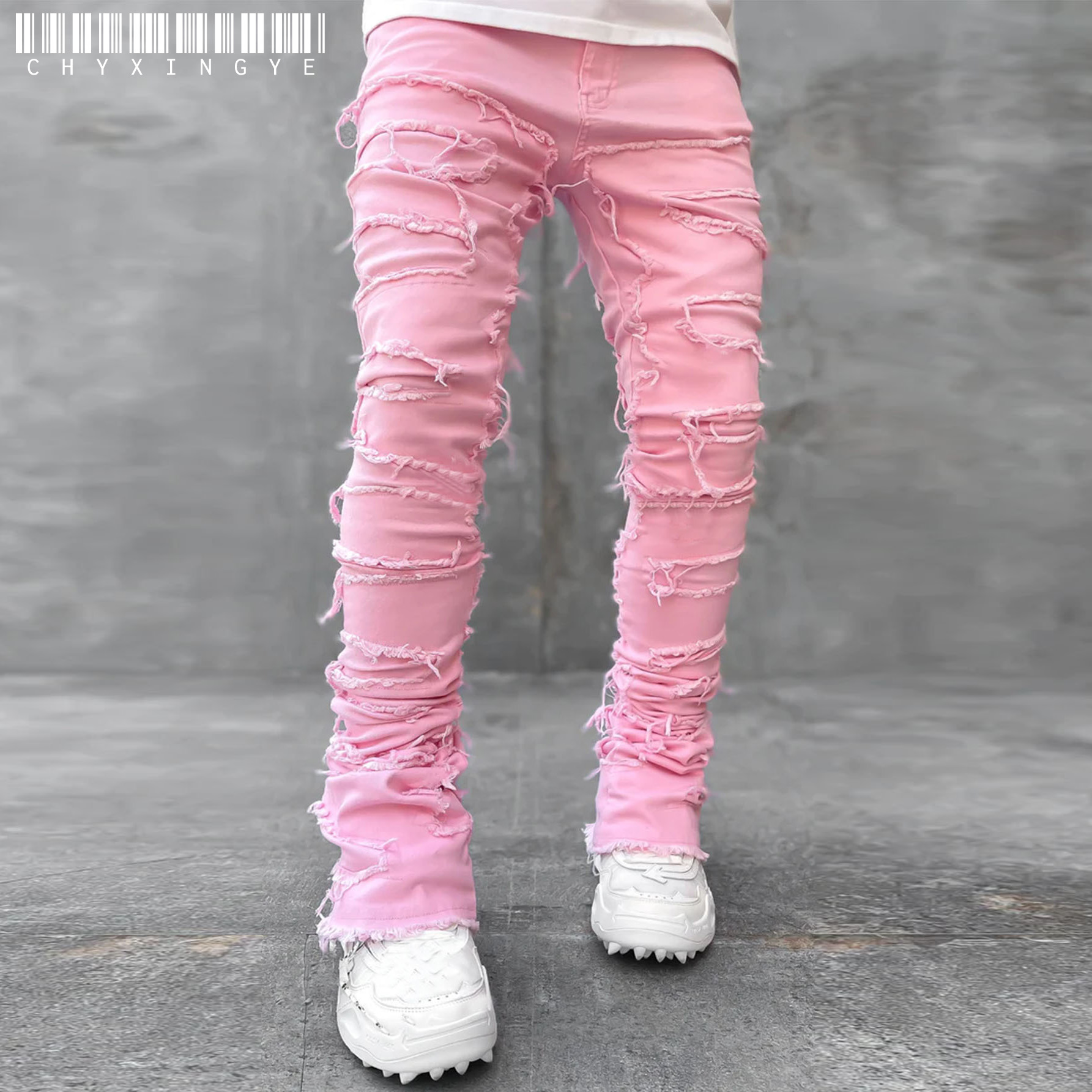 Viser de travail jeans de la nouvelle mode pour hommes, pantalons évasés en couches de denim de patchwork élastique de vêtements de travail de mode européenne et américaine S-XXL