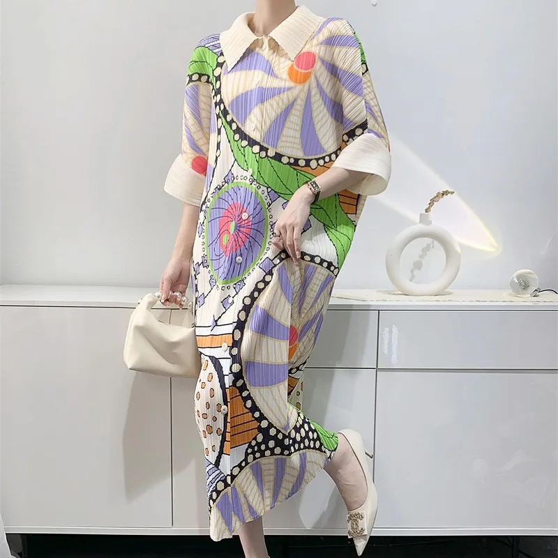 Ata Yake-Robes imprimées plissées mi-longues pour femmes, jupes décontractées à manches chauve-souris, grande taille, mode adt, début du printemps, nouveau, 2024