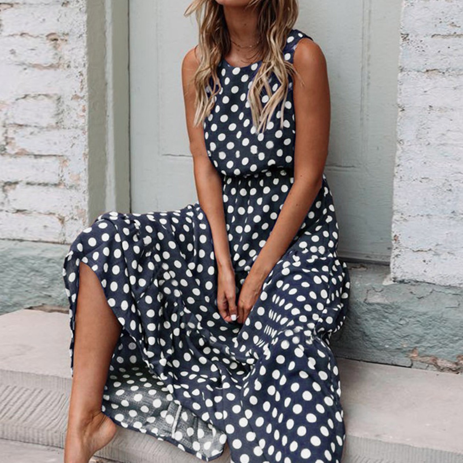 Robe d'été style Boho à pois pour femmes, Maxi, longue, Sexy, élégante, sans manches, avec ceintures, robe De soirée