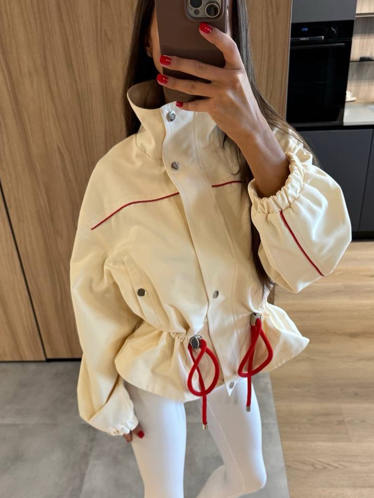 Veste coupe-vent chic pour femme, col blanc, taille ajustable par cordon, poignets élastiques, coupe ample, vêtement d'extérieur, nouvelle collection printemps 2026, cardigan de voyage.