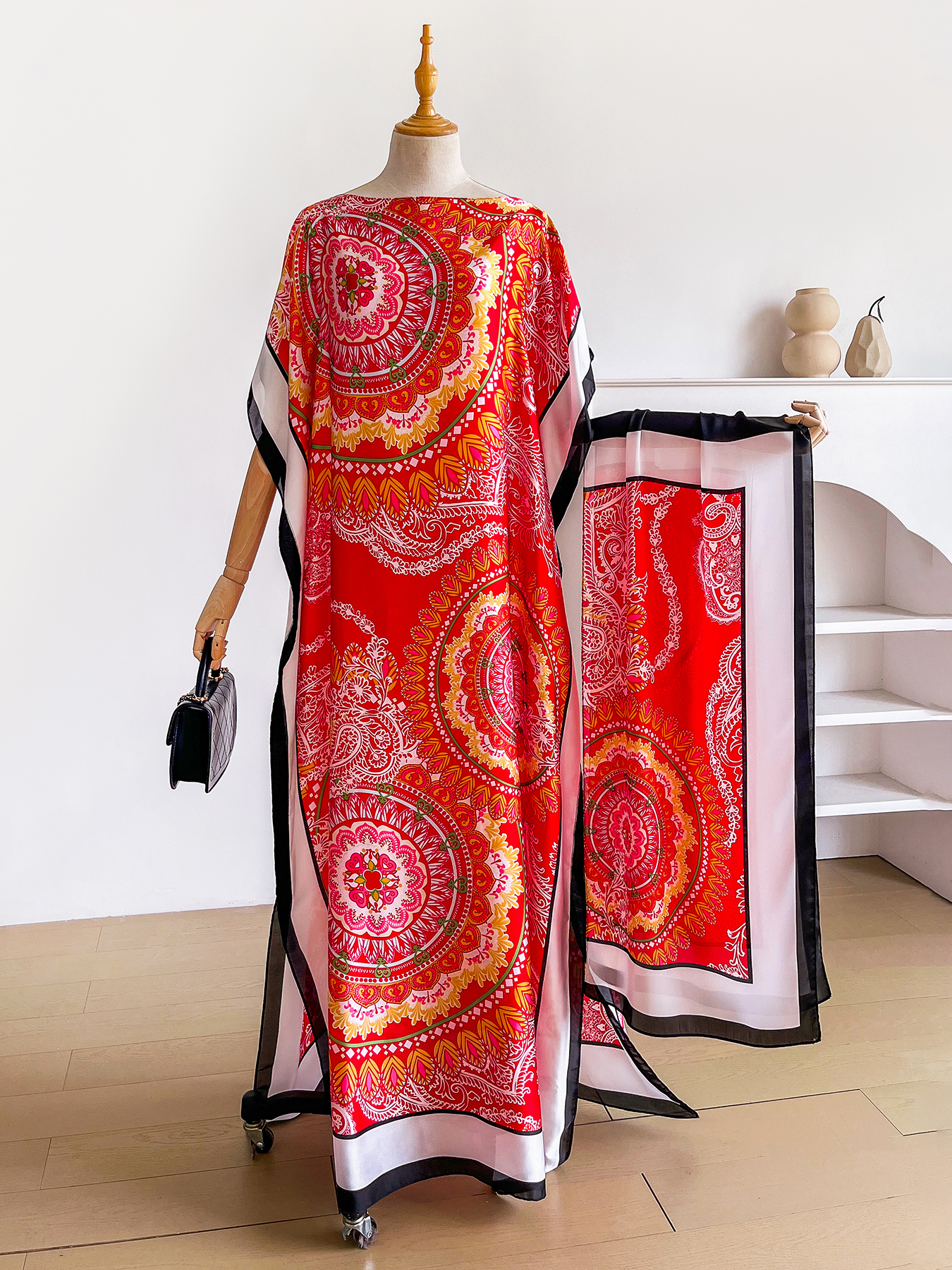 Abaya Dubai Mandala à imprimé Paisley avec foulard assorti, col bateau, manches chauve-souris, kaftan maxi ample pour femmes musulmanes africaines