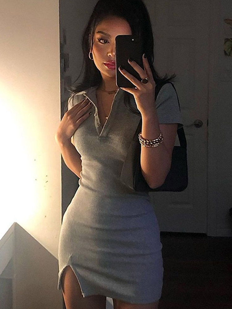 Mini robe fendue à manches courtes pour femmes, tenue d'été Sexy, mode Streetwear, vêtements de fête mignons et solides