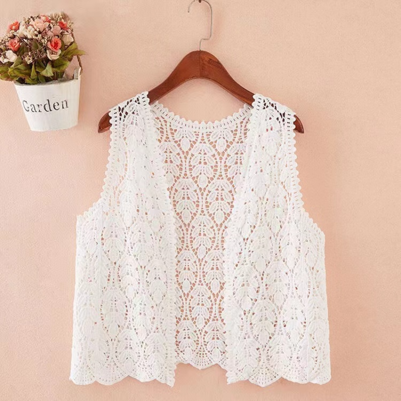 Cardigan Boho en Tricot Crochet pour Femme, Broderie Florale, Ouvert sur le Devant, Tenue de Vacances d'Été