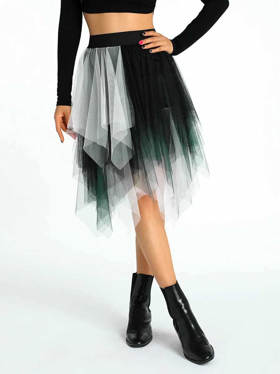 Jupes longues en tulle irrégulières pour femmes, taille haute élastique, maille superposée, tutu, jupes trapèze, mode bohème coréenne, jupes Y2K
