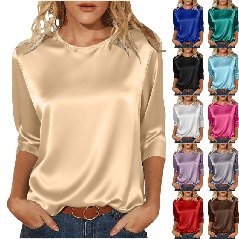 Chemisiers en satin soie pour femmes, tunique à manches 3/4, hauts décontractés, amples, chemise basique, D0UB