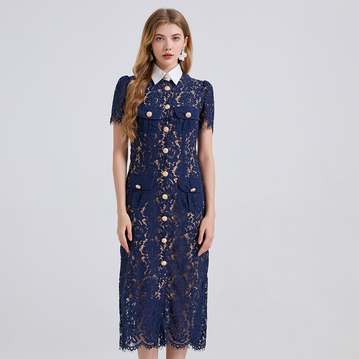 Robe élégante de Style français pour femmes, mode Noble, dentelle avec col contrasté, cordons, poches 3D, coupe moulante, été 2025