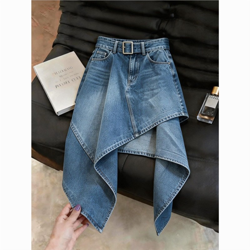 Nouvelle jupe amincissante en jean délavé, jupe mi-longue irrégulière pour femmes, été