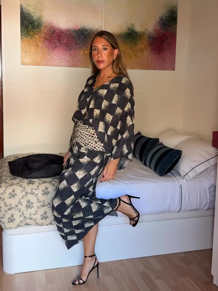 Robe longue imprimée pour femme, col en V, manches chauve-souris, taille cintrée, coupe ample, jupe évasée, élégante, chic plage, vêtements d'extérieur
