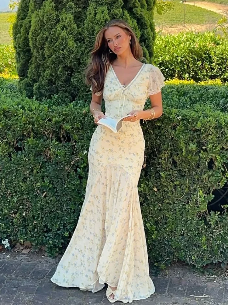 Robe longue élégante en mousseline imprimée pour femme, col en V chic, manches courtes, taille cintrée, robes ajustées, collection été 2026, robes de vacances pour femme