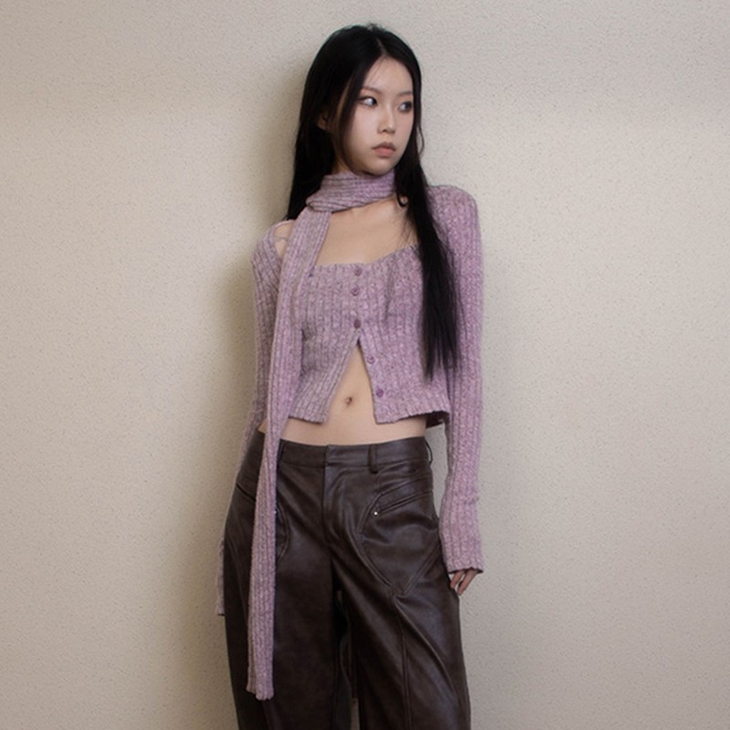 Karrram japonais Y2k court Cardigan avec écharpe mode coréenne violet tricots Vintage col carré culture Cardigans esthétique