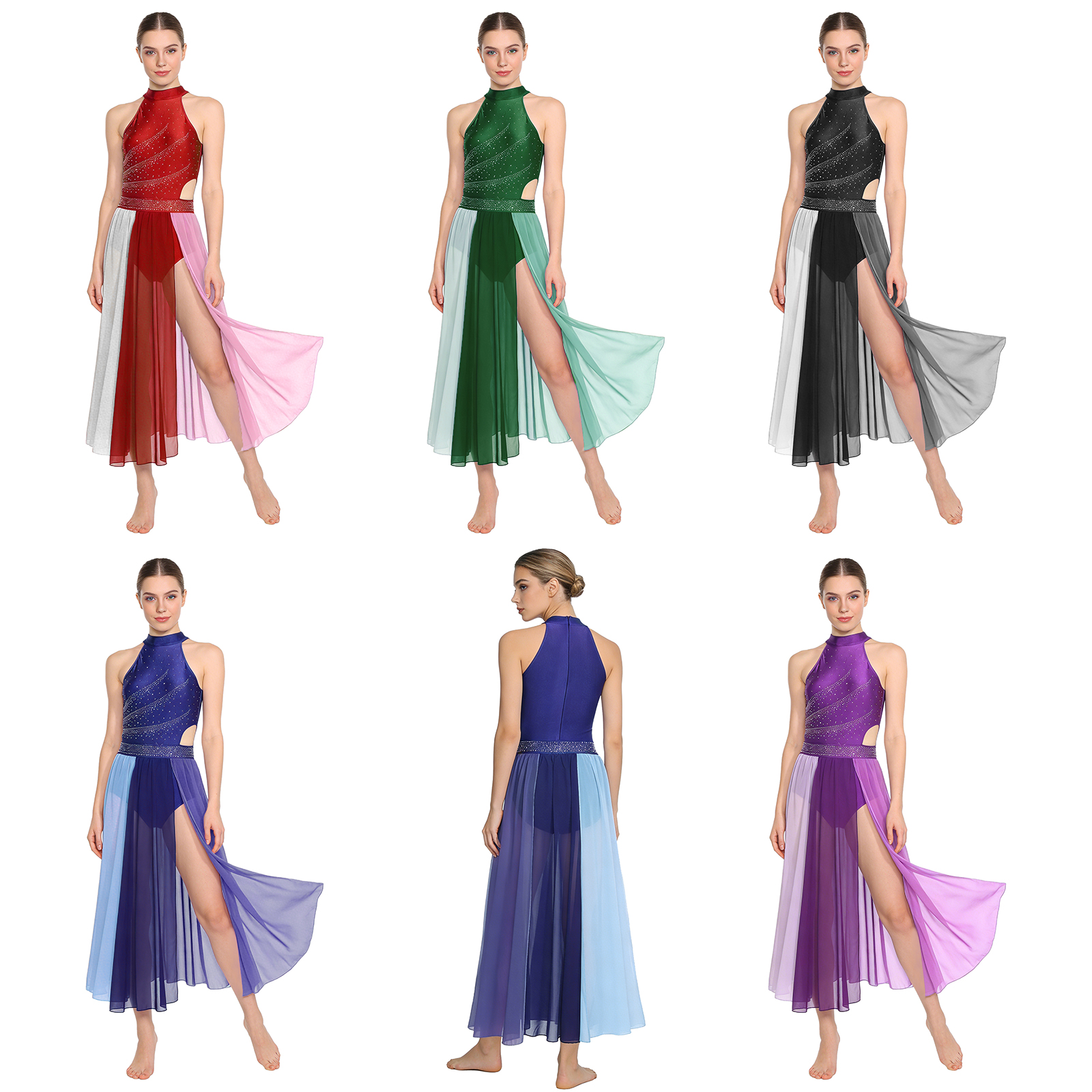 Robe de danse lyrique moderne contemporaine pour femmes, costume de performance, strass, fente latérale, robe en maille, costume de danse