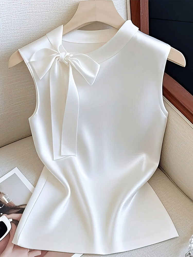 Élégant nœud noué soie Satin épaules dénudées haut sans manches femmes débardeur de base taille haute dame bureau décontracté recadrée t-shirt