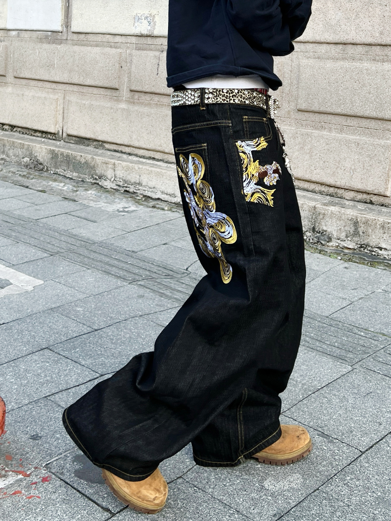 Jeans polyvalents noirs pour hommes, pantalons larges et amples, pantalons tendance brodés rétro Y2K pour hommes, adaptés à toutes les saisons, sans accessoires