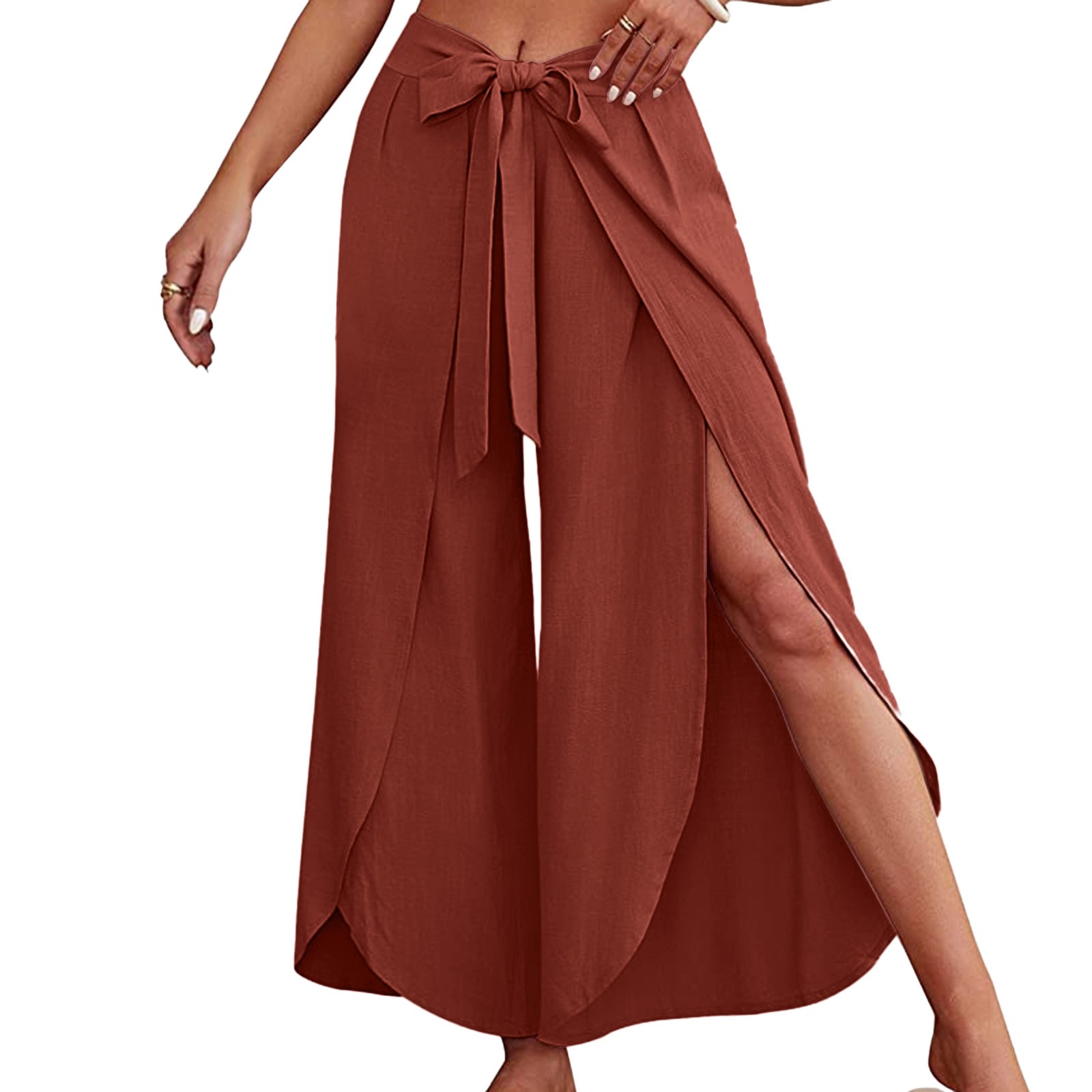 Boho femmes taille haute Palazzo pantalon été plage pantalon solide fluide pantalon fendu à lacets jambe large pantalon pantalons De Mujer