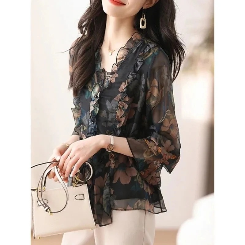 Chemise en mousseline de soie florale pour femmes, printemps-automne, nouvelle tendance de la mode, haut à manches longues, chemisier