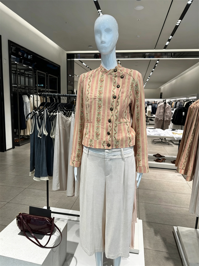 Veste à col montant pour femme Guobioziy, manches longues, manteau à rayures jacquard et motif floral, mode automne précoce