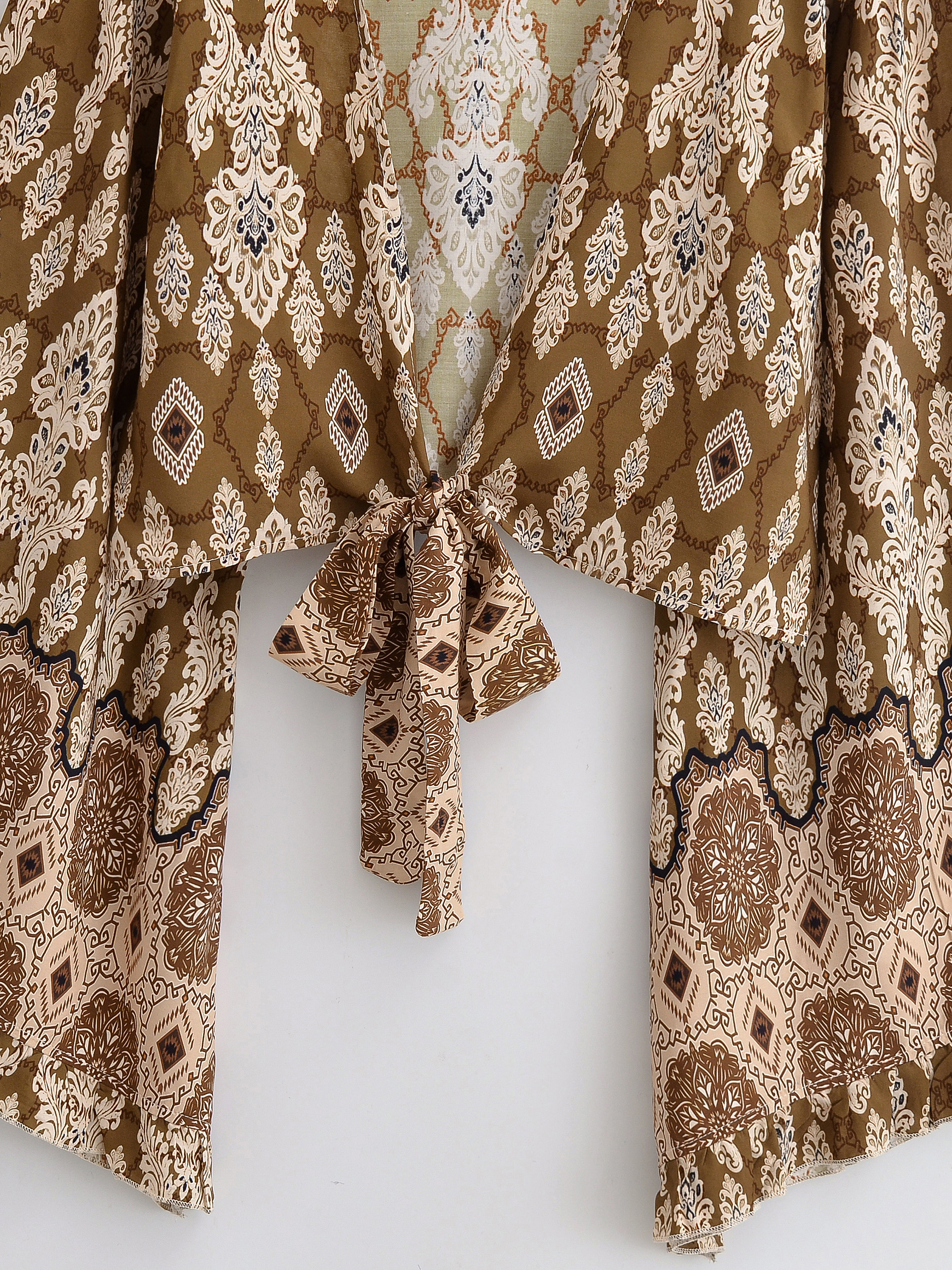 Kimono Bohème à Imprimé Floral en Rayonne pour Femmes, Hauts de Vacances d'Été, Crop Top à Volants et Manches Évasées avec Nœud sur le Devant, Cache-maillots de Plage Bohème