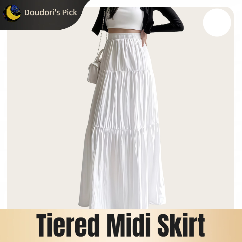 Jupe mi-longue blanche à volants, taille haute et ceinture élastique, style décontracté coréen pour femmes, printemps-été