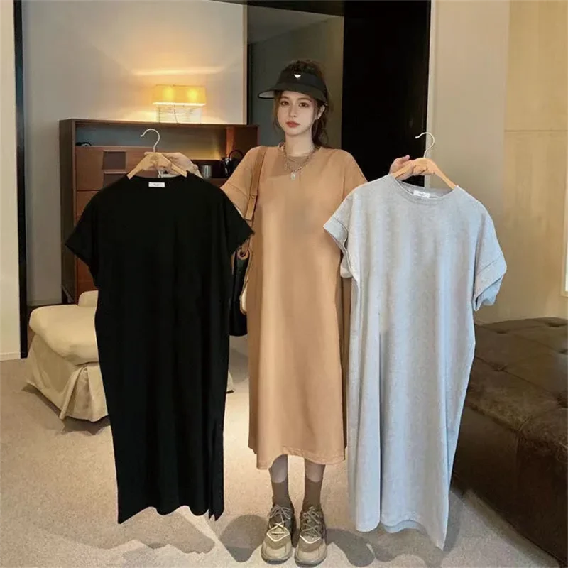 Robe ample décontractée, couleur unie, confortable, grande taille, chemise à manches courtes, robes longues d'été pour la maison