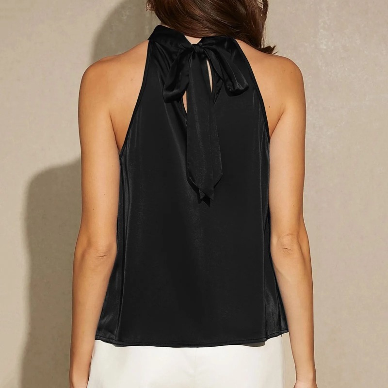 Débardeur élégant en Satin à col licou pour femme, t-shirt sans manches de couleur unie, haut court basique, Image de mode, vêtements pour dames
