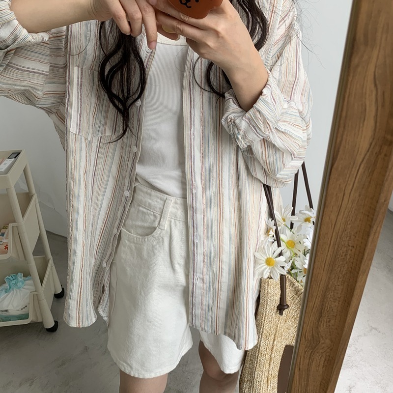 Chemises amples décontractées pour femmes, chemise de protection solaire rayée avec poche et boutons, vêtements, nouvelle mode printemps 2025 781