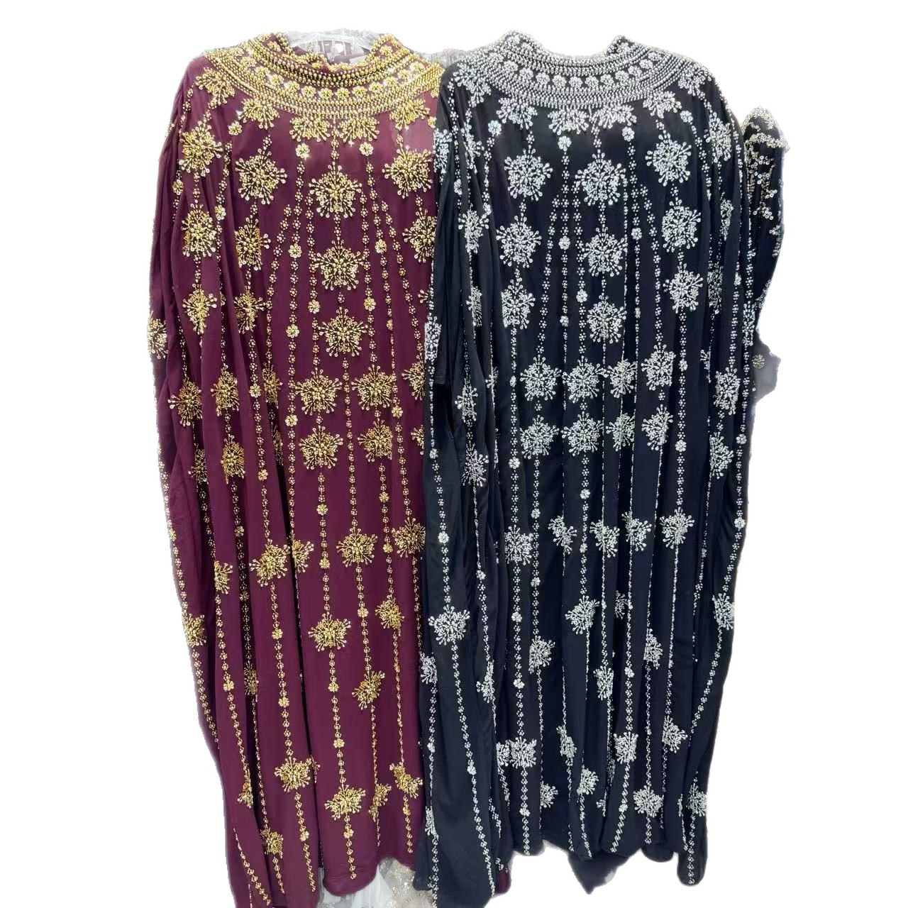 Robe de soirée longue élégante pour femme, ornée de perles, style Moyen-Orient, travail artisanal de luxe, idéale pour cérémonie