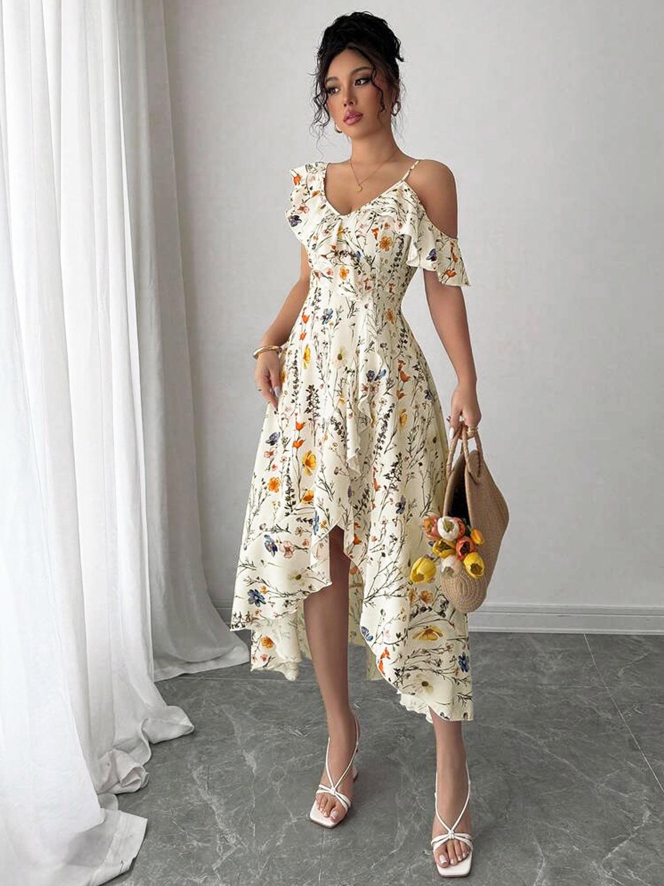 Robe à imprimé floral pour femmes, design irrégulier, style ajusté décontracté, parfaite pour les vacances et les rendez-vous, vêtements de mode pour femmes