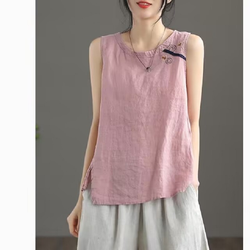 Haut brodé de gilet en coton et lin pour femme