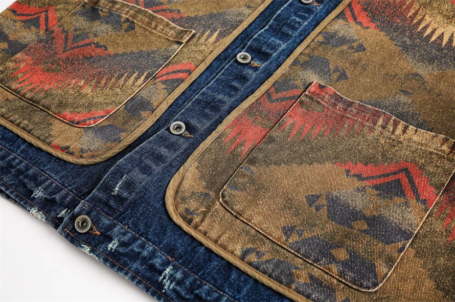 Vestes en jacquard patchwork vintage pour hommes et femmes, style national, vestes américaines délavées, streetwear respirant, manteau hip hop, printemps, nouveau