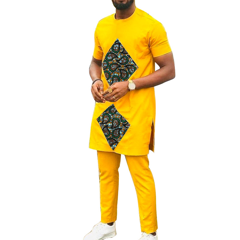 Ensembles de haut en Patchwork imprimé losange pour hommes, costumes africains en coton jaune, tenues masculines, t-shirts avec pantalons, vêtement de mariage personnalisé