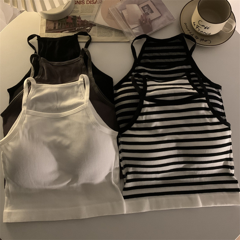 Haut court avec coussretours de poitrine pour femme, caraco basique, fibre rayée, mode décontractée, version coréenne