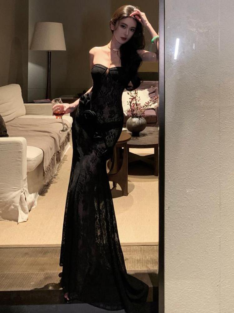 Vintage femmes noir dentelle fleur décoration Sexy Club dos nu robe sans bretelles été sans manches mince portefeuille hanche plissée longue robe