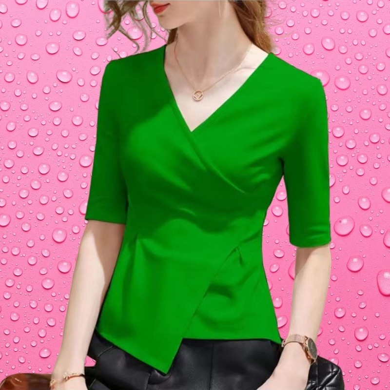 4XL 2023 femmes chemisiers d'été col en v dame mode décontracté à manches courtes bureau Sexy couleur unie vêtements hauts et t-shirts WY0856