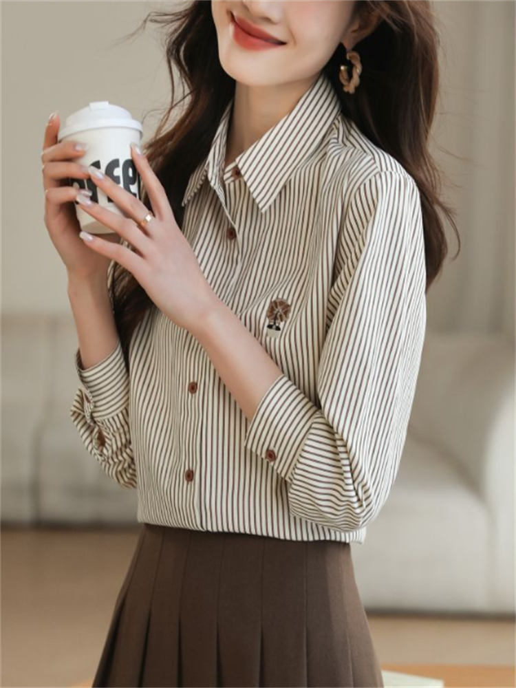 Chemises amples à rayures pour femmes, chemisier brodé, vêtements de printemps et d'automne pour femmes, haut à boutons, mode élégante pour jeunes femmes