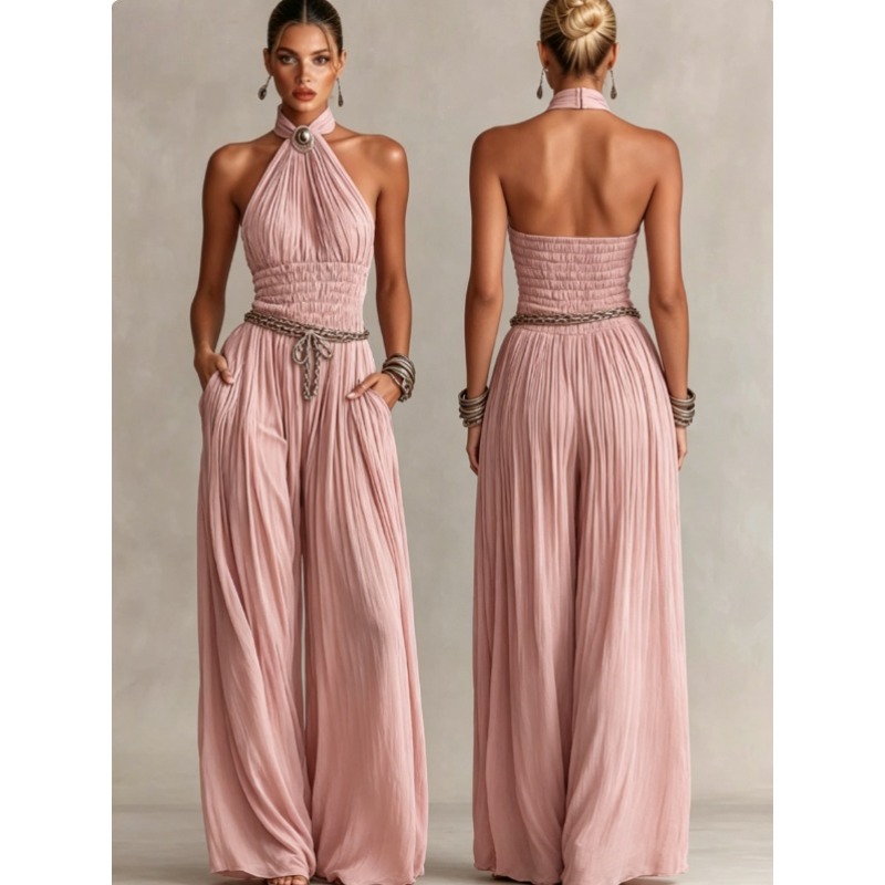 Combinaison ample pour femme style bohème, dos ouvert, smockée, texturée froissée, légère avec poches