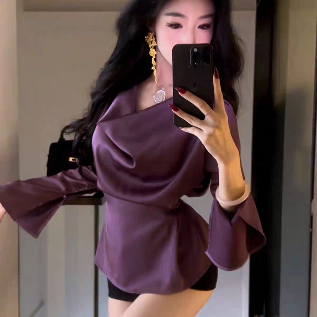InjSatin-Chemisier évasé à manches longues pour femme, haut basique, tunique bandage, bureau décontracté, coréen, élégant, luxe