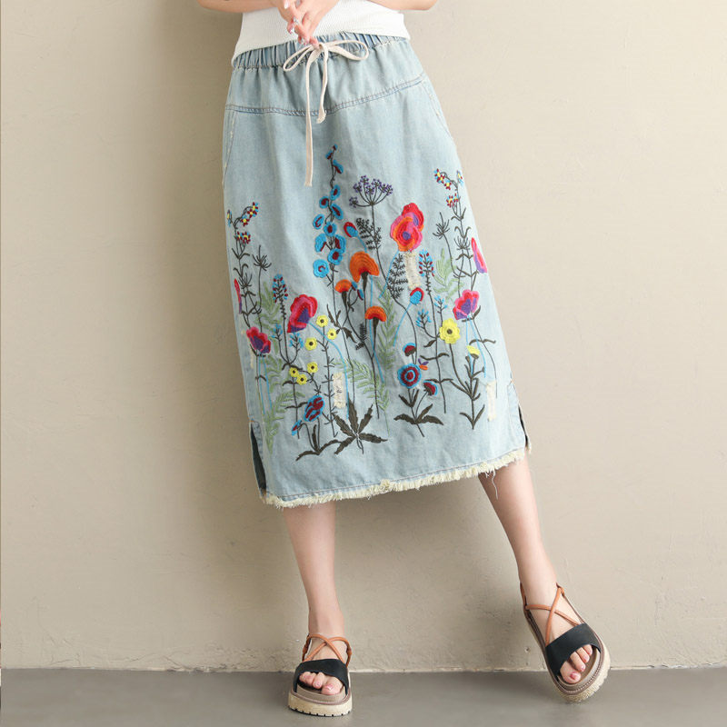 Jupe en jean taille élastique pour femmes-jupe longue brodée Vintage extensible confortable avec poches tenue décontracté coréenne F1209