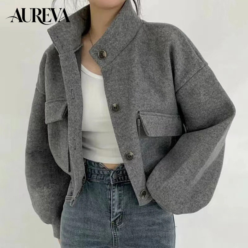 Manteau court en laine coréen pour femme, col montant, simple boutonnage, coupe ample, décontracté, minimaliste, veste élégante