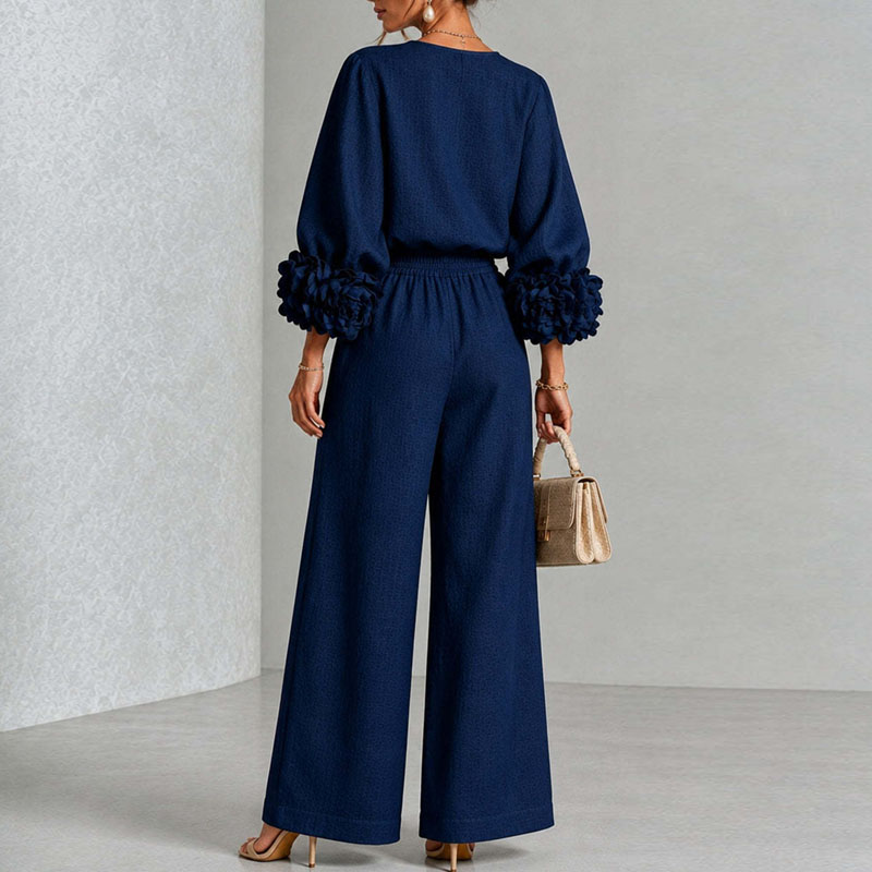 Ensemble 2 pièces pour femme : Haut à col rond et manches longues bouffantes avec motif floral 3D + Pantalon large à taille élastique – Tenue élégante pour les fêtes, décontractée ou de bureau